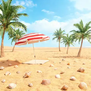 A sandy beach with palm trees, seashells, and a beach umbrel