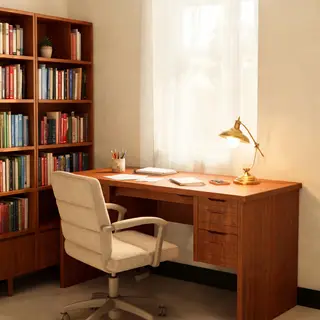 An office workspace with a desk, chair, bookshelf, and lamp 