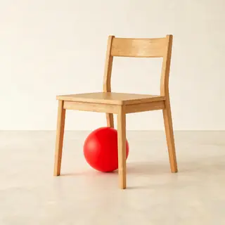 A red ball underneath a wooden chair