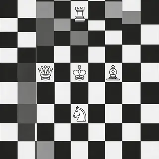 Five chess pieces on a board: a king in the center, a queen 