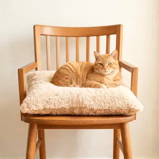 A cat sitting on a pillow, the pillow placed on a wooden cha