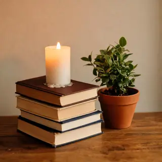 A candle on top of a stack of books, the books next to a pot