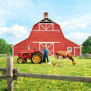 A farm scene with a barn, tractor, farmer, cow, chicken, and