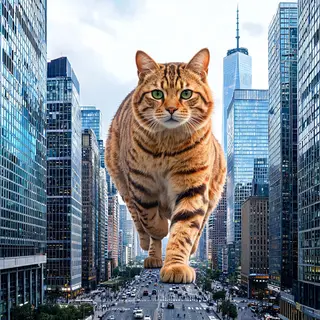 A giant tabby cat walking between city skyscrapers like a ka