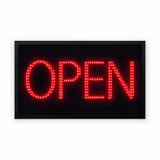 The word 'OPEN' displayed on a red LED sign with glowing pix