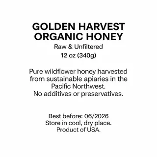 A product label for 'GOLDEN HARVEST ORGANIC HONEY' with subt