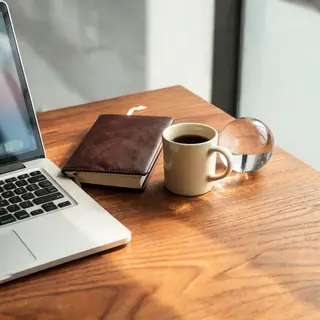 A workspace desk with a brushed aluminum laptop, a leather-b