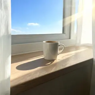 A coffee mug on a sunny windowsill casting a sharp shadow to