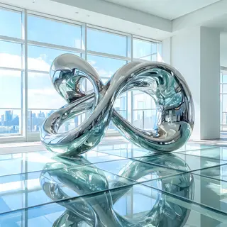 A chrome sculpture in a room with a glass floor and large wi