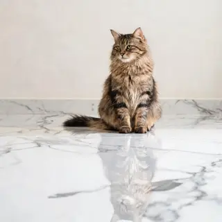 A cat sitting on a polished marble floor with its reflection