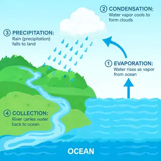 A detailed diagram of the water cycle showing evaporation fr