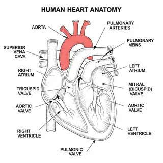 An anatomical illustration of the human heart showing four c