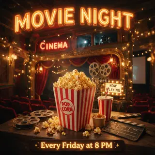 A movie night poster with a large popcorn image in the cente