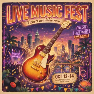 An event poster featuring a guitar illustration, the headlin