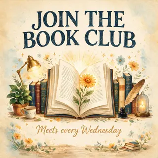A book club poster with an open book illustration, the title
