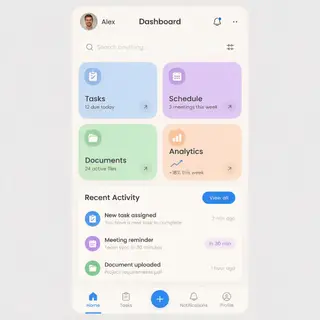 A mobile app UI mockup showing a dashboard with a top naviga