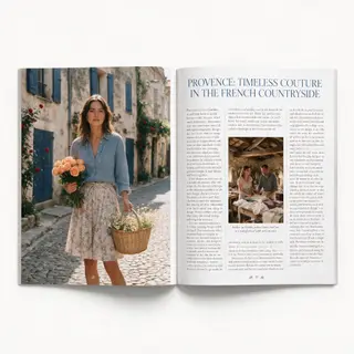 A fashion magazine spread with a full-bleed left-page photo,