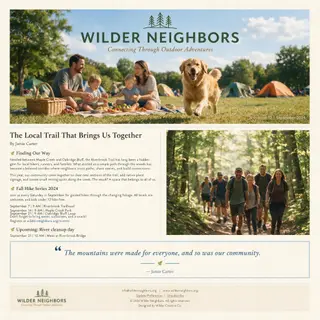 A newsletter layout with a banner image header, a two-column