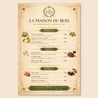 A restaurant menu layout with a logo header, three category 