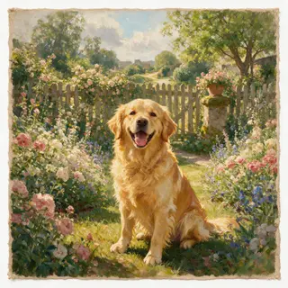 A golden retriever sitting in a garden, painted in the style