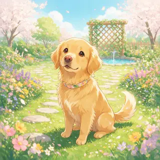 A golden retriever sitting in a garden, rendered in Japanese