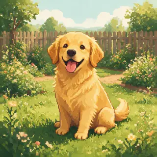 A golden retriever sitting in a garden, rendered in pixel ar