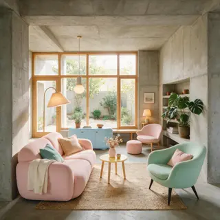 An interior scene rendered in soft brutalism — raw concrete 