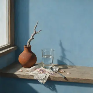 A still life painted in anxious minimalism — sparse composit