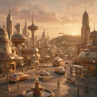 A cityscape rendered in nostalgic futurism — retro-futuristi