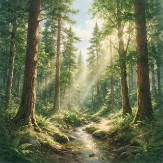 A forest rendered in photorealistic watercolor — the detail 