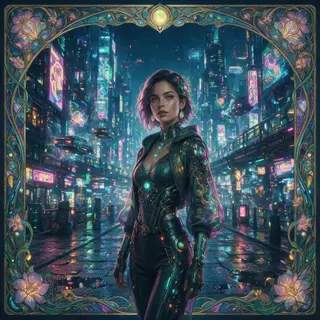 A woman in a futuristic city rendered in cyberpunk Art Nouve