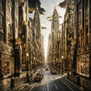 A city street scene in the style of Art Deco — geometric sha