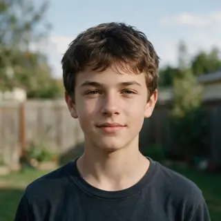 A headshot of a teenager with a relaxed, neutral face