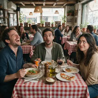 A group of three friends at a table: one laughing with head 