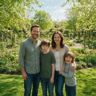 A family photo with four people: a father beaming with pride
