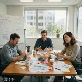Three coworkers in a meeting: one looking frustrated with fu