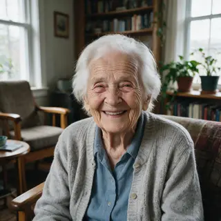 An elderly woman in her 80s with deep wrinkles and white hai