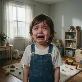 A 5-year-old child with round cheeks and large eyes, crying 