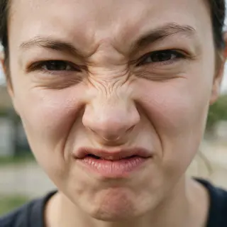 A close-up of a person's face showing clear disgust, nose wr