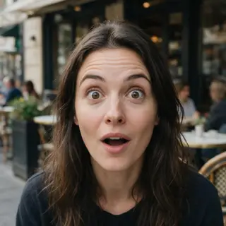 A portrait capturing genuine surprise — raised eyebrows, wid