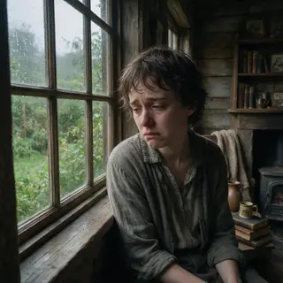 A face showing quiet melancholy — downcast eyes, slightly dr