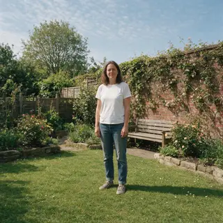 A woman standing upright in a relaxed pose, arms at her side