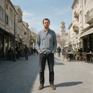 A man standing straight facing the camera, hands in pockets,