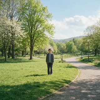 A person standing in a neutral pose in a park, full body vis