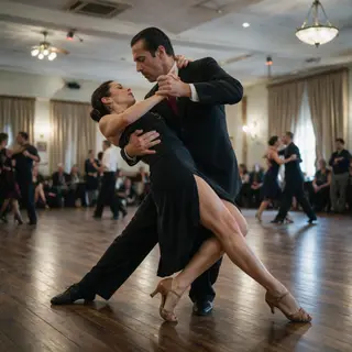 Two tango dancers in a close embrace, the man dipping the wo
