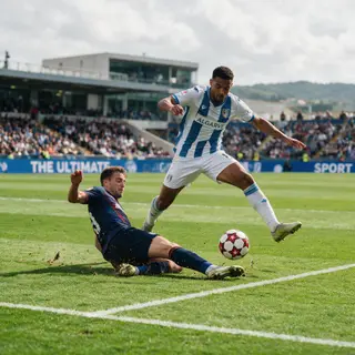 Two soccer players mid-tackle, one sliding and the other jum
