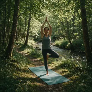 A person in a yoga tree pose — standing on one leg with the 