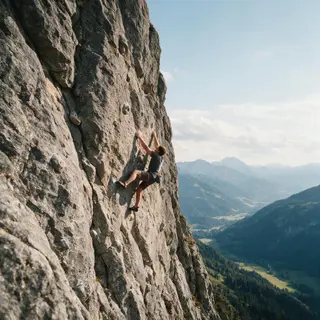 A rock climber clinging to a cliff face with arms and legs e