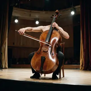 A cellist seated with correct posture, legs around the instr