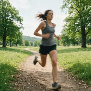 A woman mid-stride running through a park, hair and clothes 